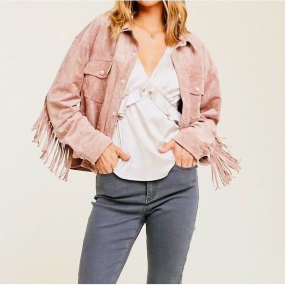NWT Listicle Pink Fringe Jacket Suede Look Size L